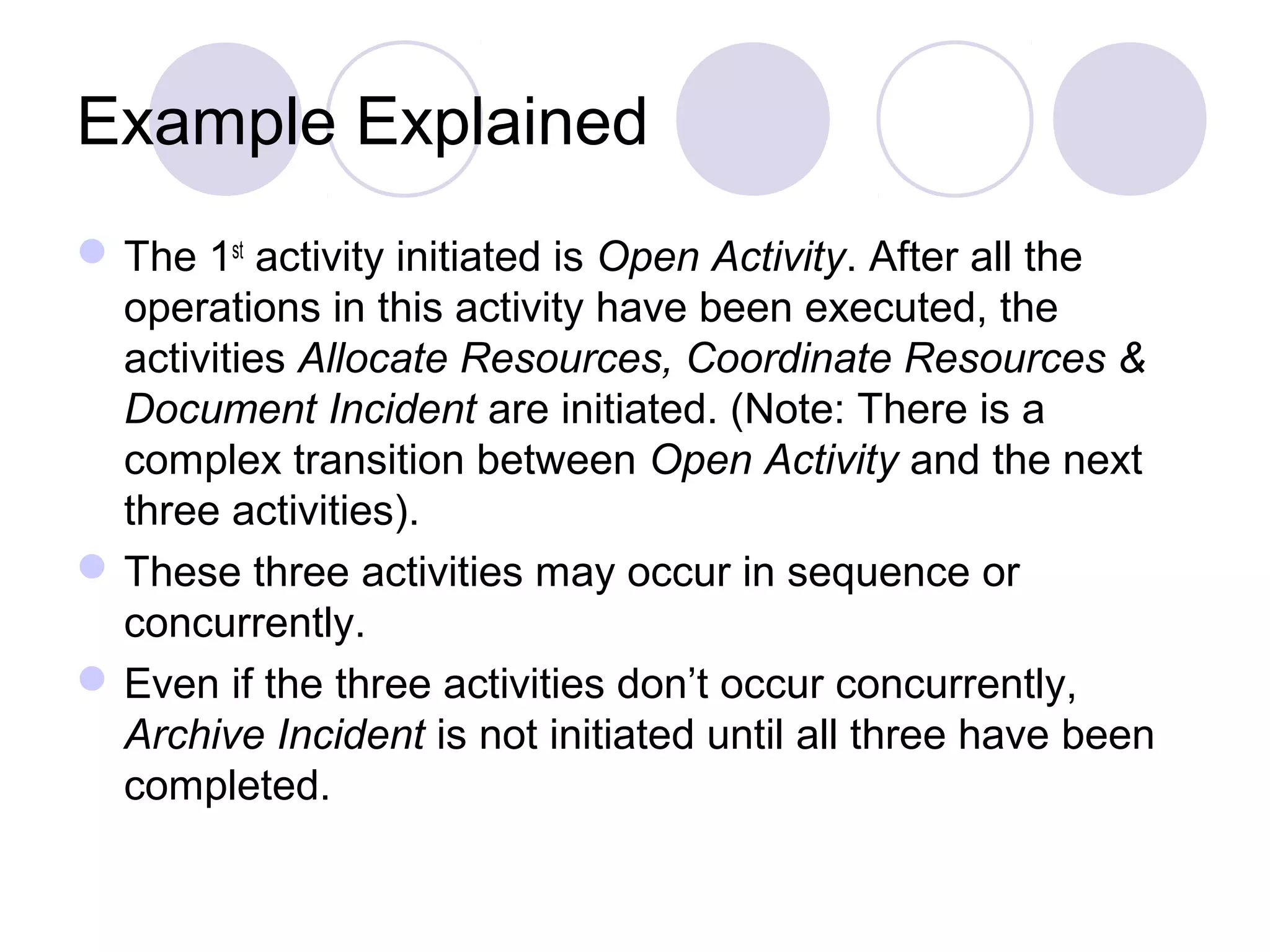 Example Explained
The 1st
activity initiated is Open Activity. After all the
operations in this activity have been executed, the
activities Allocate Resources, Coordinate Resources &
Document Incident are initiated. (Note: There is a
complex transition between Open Activity and the next
three activities).
These three activities may occur in sequence or
concurrently.
Even if the three activities don’t occur concurrently,
Archive Incident is not initiated until all three have been
completed.
 