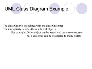 UML Class Diagram Example
The class Order is associated with the class Customer
The multiplicity denotes the number of objects
For example, Order object can be associated only one customer
but a customer can be associated to many orders
 