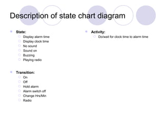 Description of state chart diagram
 State:
 Display alarm time
 Display clock time
 No sound
 Sound on
 Buzzing
 Playing radio
 Transition:
 On
 Off
 Hold alarm
 Alarm switch off
 Change Hrs/Min
 Radio
 Activity:
 Do/wait for clock time to alarm time
 