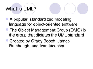 What is UML?
A popular, standardized modeling
language for object-oriented software
The Object Management Group (OMG) is
the group that dictates the UML standard
Created by Grady Booch, James
Rumbaugh, and Ivar Jacobson
 