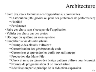 Architecture Faire des choix techniques correspondant aux contraintes Distribution (Obligatoire ou pour des problèmes de performance) Fiabilité Persistance Faire ces choix sans s’occuper de l’application Valider ces choix par des protos Découpe du système en sous-système Simplifier la vie des utilisateurs Exemple des classes <<Role>> Customisation des générateurs de code Customiser et apprendre les outils aux utilisateurs Production des Make File Choix et mise en œuvre des design patterns utilisés pour le projet Normes de programmation et de modélisation Réutilisation par le principe de la réduction-expansion 
