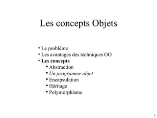 Les concepts Objets Le problème Les avantages des techniques OO Les concepts Abstraction Un programme objet Encapsulation Héritage Polymorphisme 