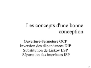 Les concepts d'une bonne conception Ouverture-Fermeture OCP Inversion des dépendances DIP Substitution de Liskov LSP Séparation des interfaces ISP 