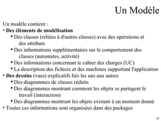 Un Modèle Un modèle contient : Des éléments de modélisation Des classes (reliées à d'autres classes) avec des opérations et des attributs Des informations supplémentaires sur le comportement des  classes (automates, activité) Des informations concernant le cahier des charges (UC) La description des fichiers et des machines supportant l'application Des dessins  (vues) explicatifs liés les uns aux autres Des diagrammes de classes réduits Des diagrammes montrant comment les objets se partagent le travail (interaction) Des diagrammes montrant les objets existant à un moment donné Toutes ces informations sont organisées dans des packages 