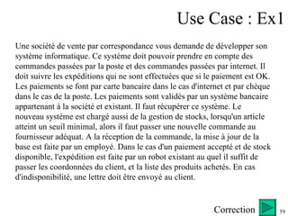 Use Case : Ex1 Une société de vente par correspondance vous demande de développer son système informatique. Ce système doit pouvoir prendre en compte des commandes passées par la poste et des commandes passées par internet. Il doit suivre les expéditions qui ne sont effectuées que si le paiement est OK. Les paiements se font par carte bancaire dans le cas d'internet et par chèque dans le cas de la poste. Les paiements sont validés par un système bancaire  appartenant à la société et existant. Il faut récupérer ce système. Le nouveau système est chargé aussi de la gestion de stocks, lorsqu'un article atteint un seuil minimal, alors il faut passer une nouvelle commande au fournisseur adéquat. A la réception de la commande, la mise à jour de la  base est faite par un employé. Dans le cas d'un paiement accepté et de stock disponible, l'expédition est faite par un robot existant au quel il suffit de passer les coordonnées du client, et la liste des produits achetés. En cas  d'indisponibilité, une lettre doit être envoyé au client. Correction 