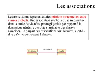 Les associations Les associations représentent des  relations structurelles entre classes d’objets . Une association symbolise une information dont la durée de vie n’est pas négligeable par rapport à la dynamique générale des objets instances des classes associées. La plupart des associations sont binaires, c’est-à-dire qu’elles connectent 2 classes . 