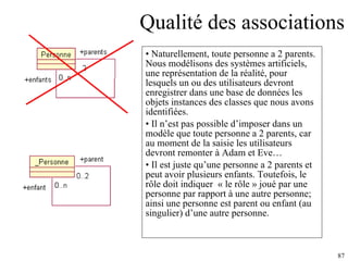 Qualité des associations Naturellement, toute personne a 2 parents. Nous modélisons des systèmes artificiels, une représentation de la réalité, pour lesquels un ou des utilisateurs devront enregistrer dans une base de données les objets instances des classes que nous avons identifiées. Il n’est pas possible d’imposer dans un modèle que toute personne a 2 parents, car au moment de la saisie les utilisateurs devront remonter à Adam et Eve… Il est juste qu’une personne a 2 parents et peut avoir plusieurs enfants. Toutefois, le rôle doit indiquer  « le rôle » joué par une personne par rapport à une autre personne; ainsi une personne est parent ou enfant (au singulier) d’une autre personne. 