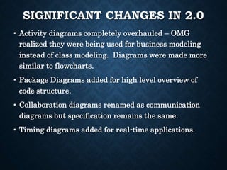 SIGNIFICANT CHANGES IN 2.0
• Activity diagrams completely overhauled – OMG
realized they were being used for business modeling
instead of class modeling. Diagrams were made more
similar to flowcharts.
• Package Diagrams added for high level overview of
code structure.
• Collaboration diagrams renamed as communication
diagrams but specification remains the same.
• Timing diagrams added for real-time applications.
 