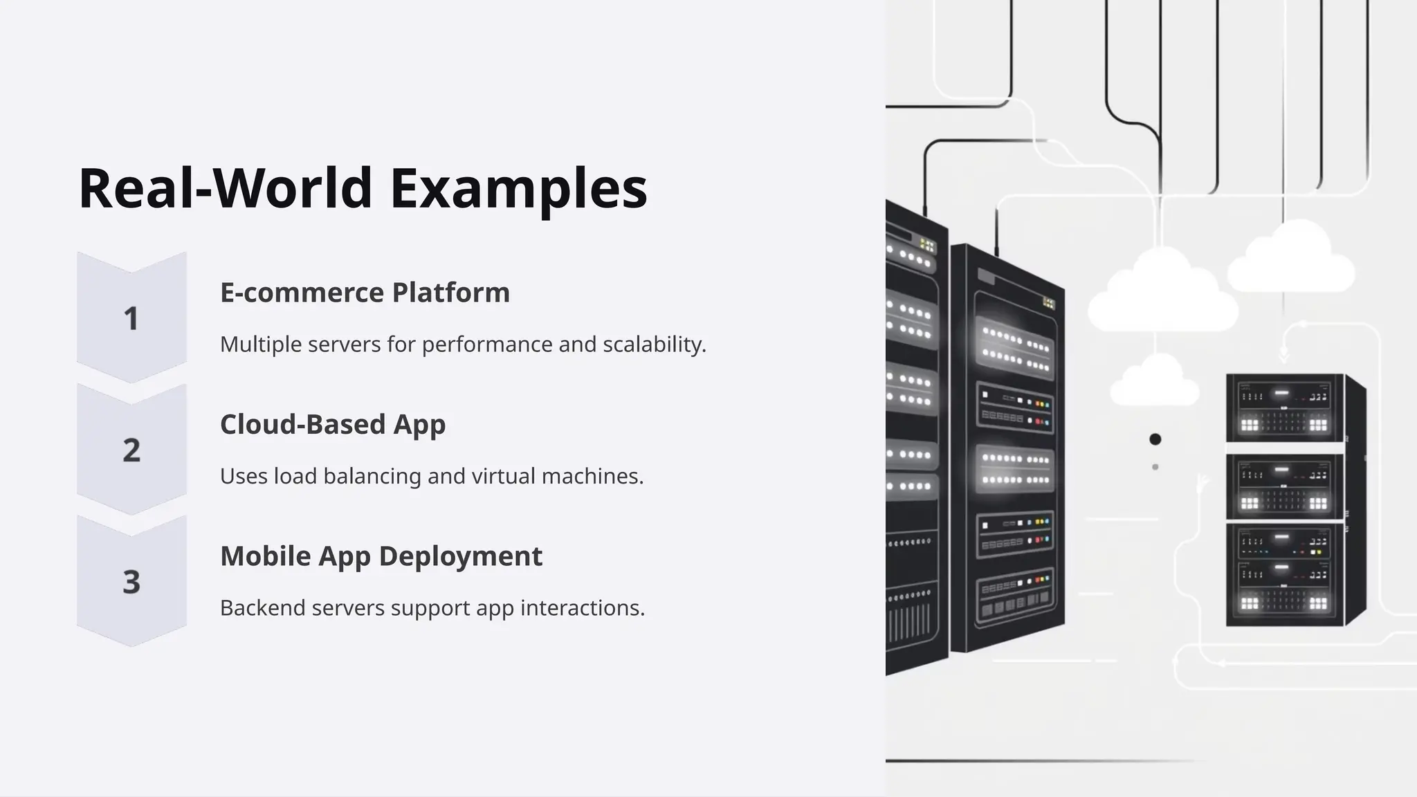 Real-World Examples
E-commerce Platform
Multiple servers for performance and scalability.
Cloud-Based App
Uses load balancing and virtual machines.
Mobile App Deployment
Backend servers support app interactions.
 
