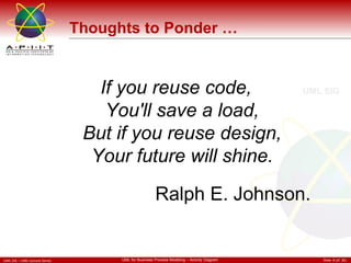 Thoughts to Ponder … If you reuse code, You'll save a load, But if you reuse design, Your future will shine. Ralph E. Johnson. 