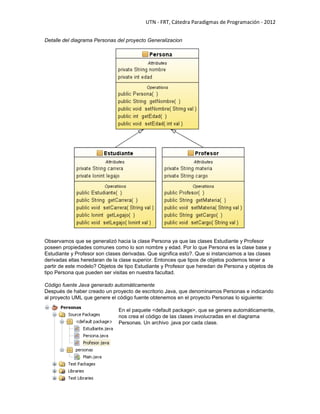 UTN - FRT, Cátedra Paradigmas de Programación - 2012
Detalle del diagrama Personas del proyecto Generalizacion
Observamos que se generalizó hacia la clase Persona ya que las clases Estudiante y Profesor
poseen propiedades comunes como lo son nombre y edad. Por lo que Persona es la clase base y
Estudiante y Profesor son clases derivadas. Que significa esto?. Que si instanciamos a las clases
derivadas ellas heredaran de la clase superior. Entonces que tipos de objetos podemos tener a
partir de este modelo? Objetos de tipo Estudiante y Profesor que heredan de Persona y objetos de
tipo Persona que pueden ser visitas en nuestra facultad.
Código fuente Java generado automáticamente
Después de haber creado un proyecto de escritorio Java, que denominamos Personas e indicando
al proyecto UML que genere el código fuente obtenemos en el proyecto Personas lo siguiente:
En el paquete <default package>, que se genera automáticamente,
nos crea el código de las clases involucradas en el diagrama
Personas. Un archivo .java por cada clase.
 