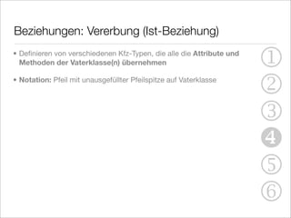 Beziehungen: Vererbung (Ist-Beziehung)
• Deﬁnieren von verschiedenen Kfz-Typen, die alle die Attribute und
  Methoden der Vaterklasse(n) übernehmen                              1
• Notation: Pfeil mit unausgefüllter Pfeilspitze auf Vaterklasse
                                                                      2
                                                                      3
                                                                      
                                                                      5
                                                                      6
 