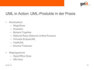 20.06.10 13
UML in Action: UML-Produkte in der Praxis
• Konstruktion:
– MagicDraw
– Poseidon
– Borland Together
– Rational Rose (Rational Unified Process)
– Omondo EclipseUML
– IntelliUML
– Diverse Freeware
• Malprogramme
– OpenOffice Draw
– MS-Visio
 