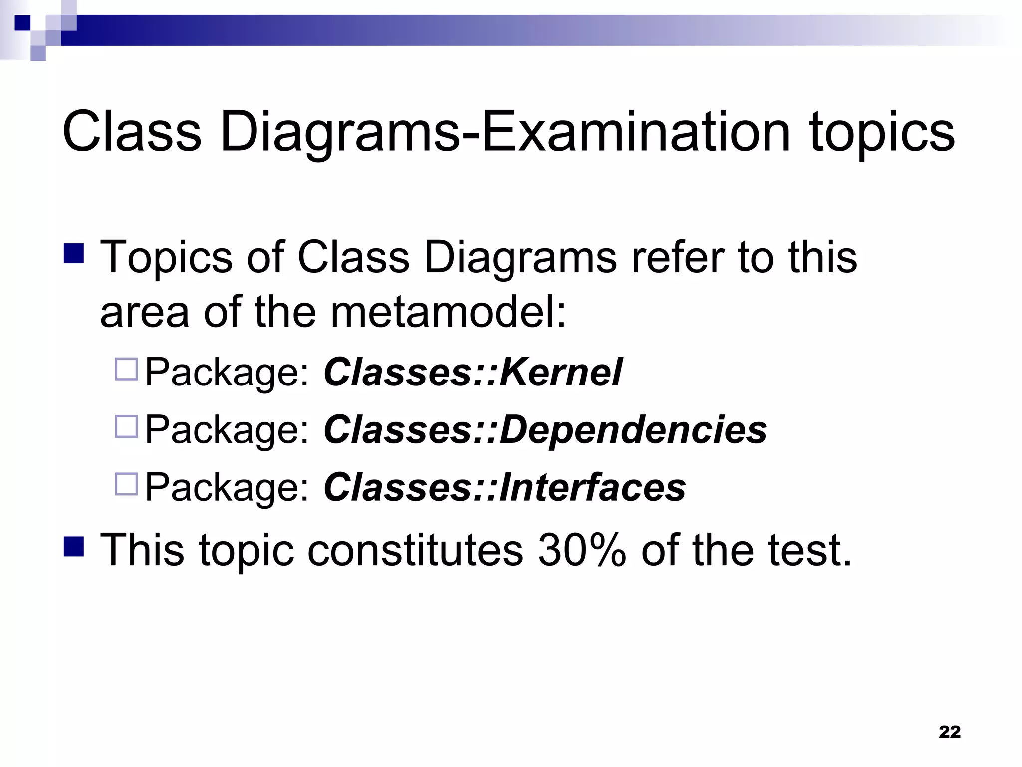 Class Diagrams-Examination topics Topics of Class Diagrams refer to this area of the metamodel: Package:  Classes::Kernel Package:  Classes::Dependencies Package:  Classes::Interfaces This topic constitutes 30% of the test. 