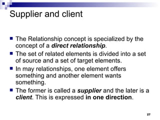 Supplier and client The Relationship concept is specialized by the concept of a  direct relationship . The set of related elements is divided into a set of source and a set of target elements. In may relationships, one element offers something and another element wants something. The former is called a  supplier  and the later is a  client . This is expressed  in one direction . 