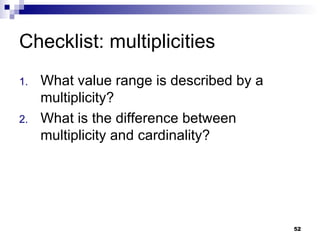 Checklist: multiplicities What value range is described by a multiplicity? What is the difference between multiplicity and cardinality? 