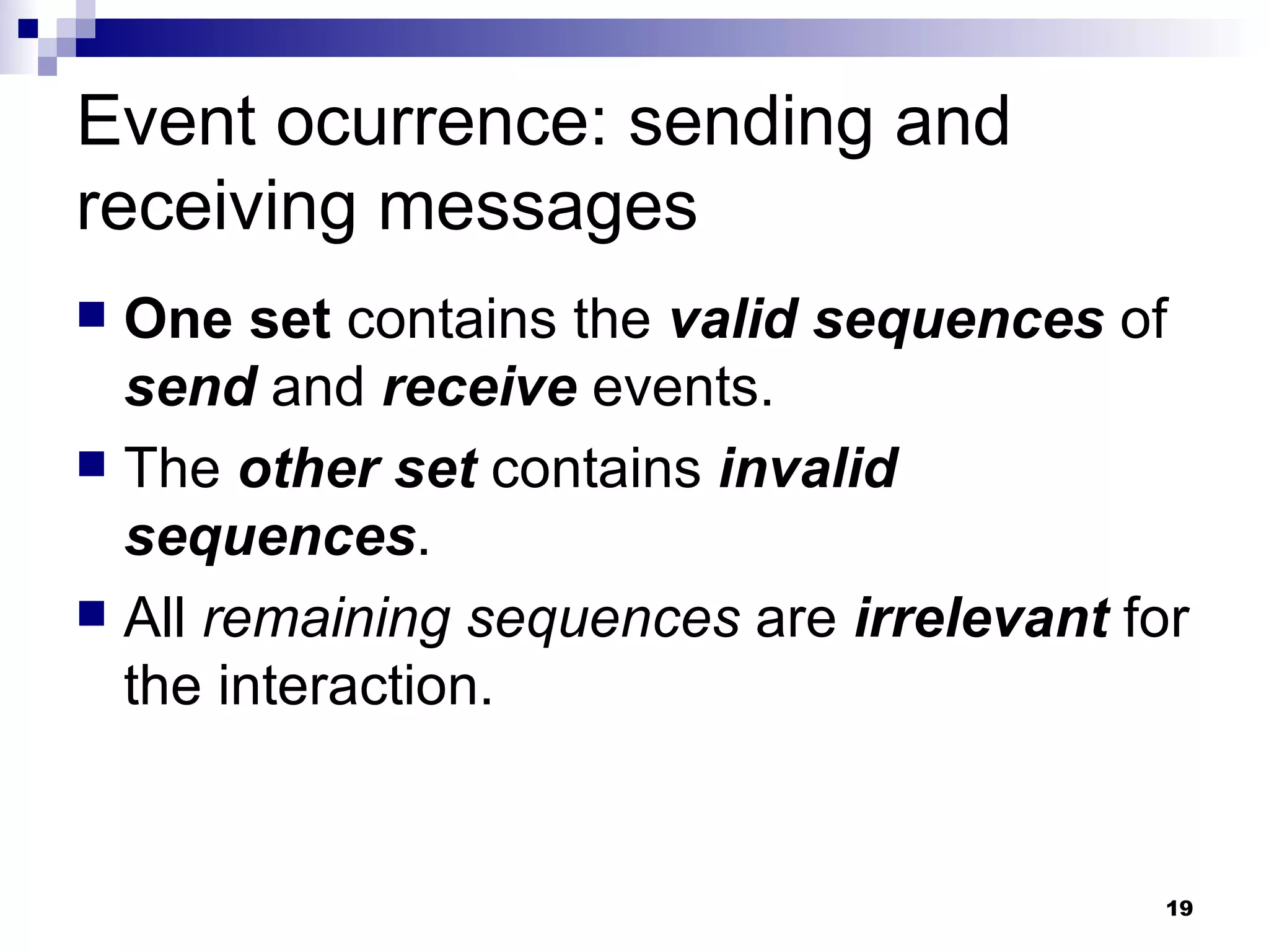 Event ocurrence: sending and receiving messages One set  contains the  valid sequences  of  send  and  receive  events. The  other set  contains  invalid sequences . All  remaining sequences  are  irrelevant  for the interaction. 