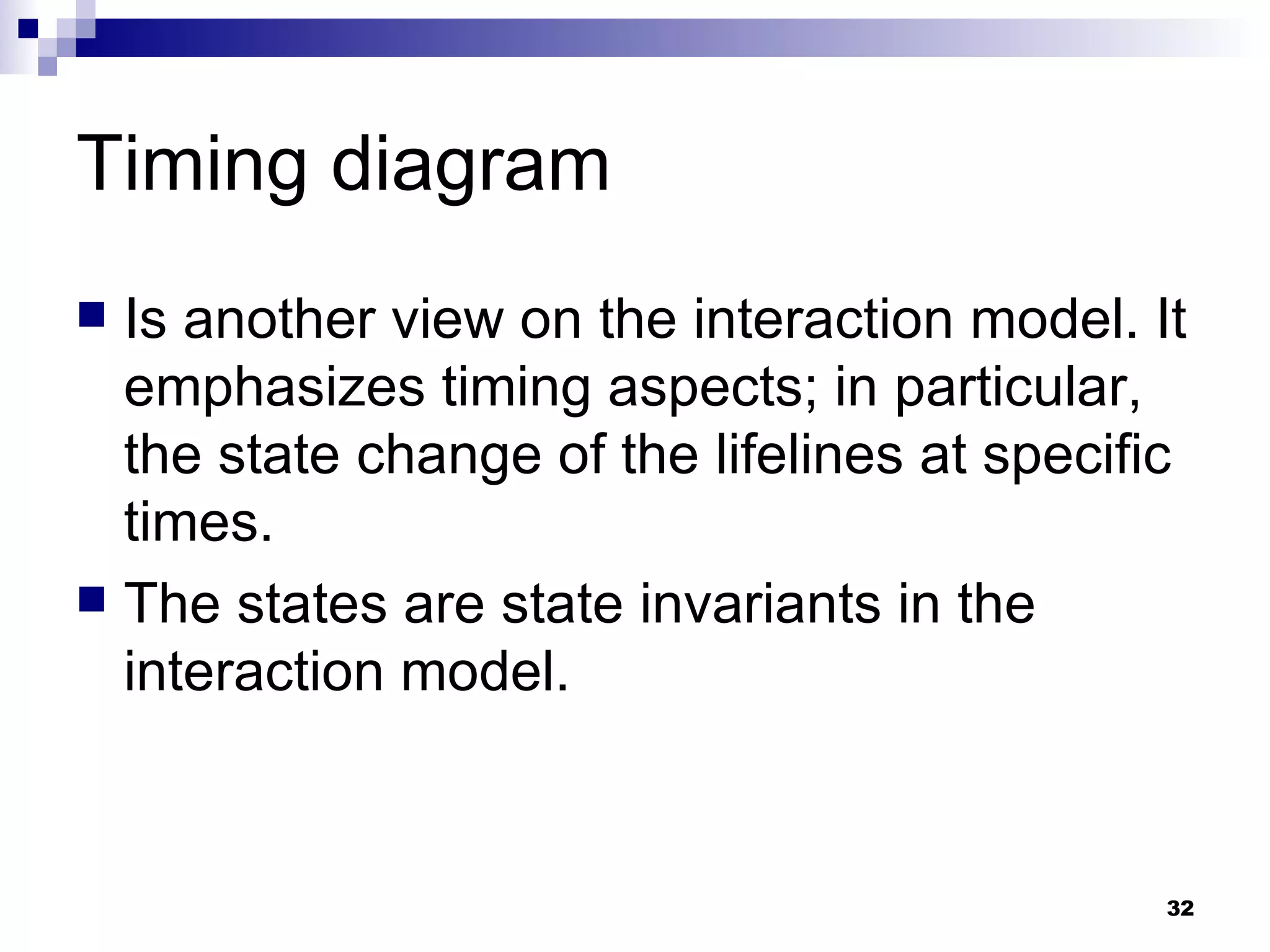 Timing diagram Is another view on the interaction model. It emphasizes timing aspects; in particular, the state change of the lifelines at specific times. The states are state invariants in the interaction model. 