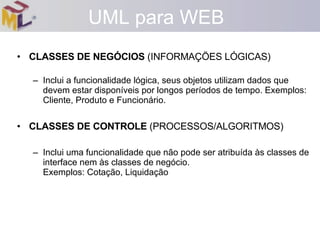 CLASSES DE NEGÓCIOS  (INFORMAÇÖES LÓGICAS) Inclui a funcionalidade lógica, seus objetos utilizam dados que devem estar disponíveis por longos períodos de tempo. Exemplos: Cliente, Produto e Funcionário. CLASSES DE CONTROLE  (PROCESSOS/ALGORITMOS) Inclui uma funcionalidade que não pode ser atribuída às classes de interface nem às classes de negócio. Exemplos: Cotação, Liquidação  UML para WEB 