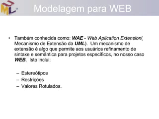 Também conhecida como:  WAE  -  Web Aplication Extension ( Mecanismo de Extensão da  UML ).  Um mecanismo de extensão é algo que permite aos usuários refinamento de sintaxe e semântica para projetos específicos, no nosso caso  WEB .  Isto inclui: Estereótipos Restrições Valores Rotulados.   Modelagem para WEB 