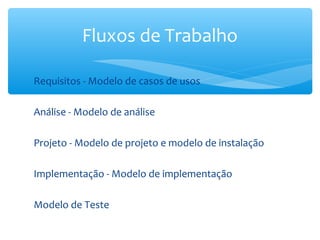 Requisitos - Modelo de casos de usos
Análise - Modelo de análise
Projeto - Modelo de projeto e modelo de instalação
Implementação - Modelo de implementação
Modelo de Teste
Fluxos de Trabalho
 
