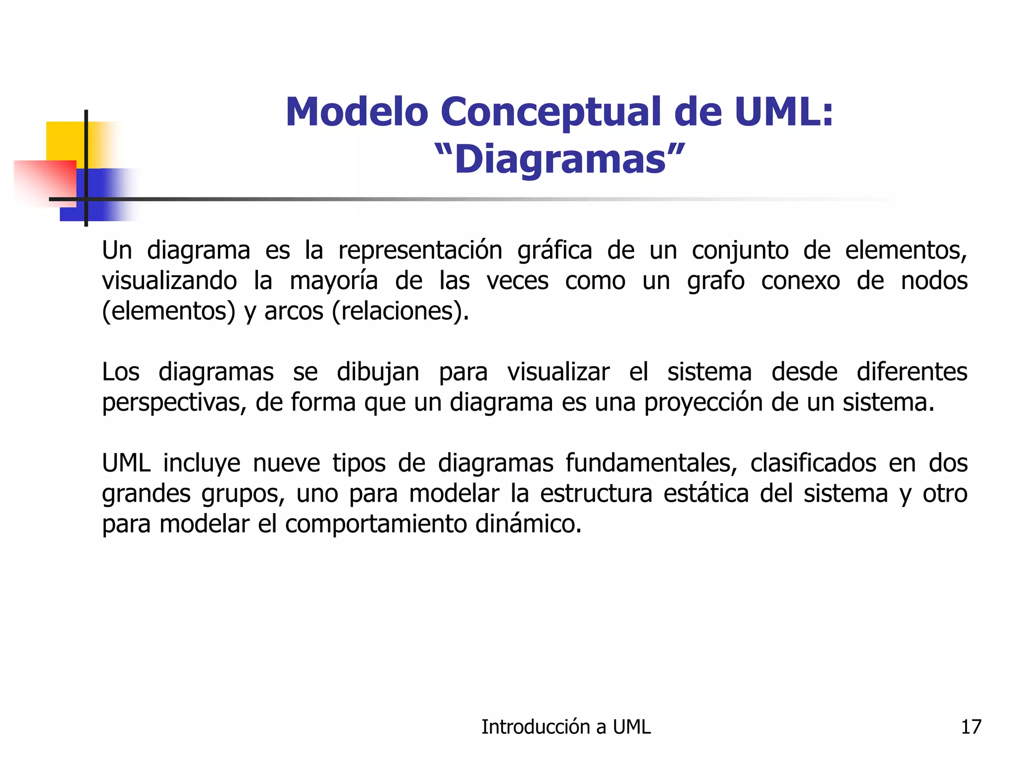 Introducción a UML 17
Modelo Conceptual de UML:
“Diagramas”
Un diagrama es la representación gráfica de un conjunto de elementos,
visualizando la mayoría de las veces como un grafo conexo de nodos
(elementos) y arcos (relaciones).
Los diagramas se dibujan para visualizar el sistema desde diferentes
perspectivas, de forma que un diagrama es una proyección de un sistema.
UML incluye nueve tipos de diagramas fundamentales, clasificados en dos
grandes grupos, uno para modelar la estructura estática del sistema y otro
para modelar el comportamiento dinámico.
 