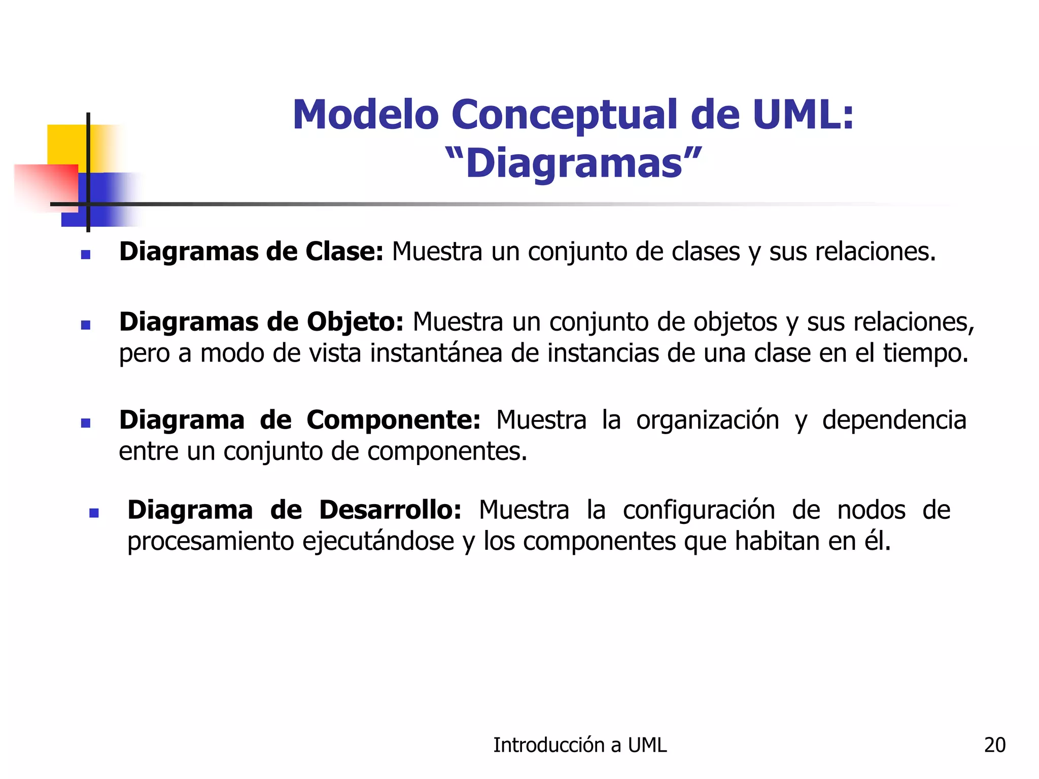 Introducción a UML 20
Modelo Conceptual de UML:
“Diagramas”
 Diagramas de Clase: Muestra un conjunto de clases y sus relaciones.
 Diagramas de Objeto: Muestra un conjunto de objetos y sus relaciones,
pero a modo de vista instantánea de instancias de una clase en el tiempo.
 Diagrama de Componente: Muestra la organización y dependencia
entre un conjunto de componentes.
 Diagrama de Desarrollo: Muestra la configuración de nodos de
procesamiento ejecutándose y los componentes que habitan en él.
 