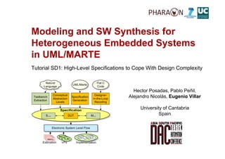 Modeling and SW Synthesis for
Heterogeneous Embedded Systems
in UML/MARTE
Tutorial SD1: High-Level Specifications to Cope With Design Complexity

Hector Posadas, Pablo Peñil,
Alejandro Nicolás, Eugenio Villar
University of Cantabria
Spain
p

 