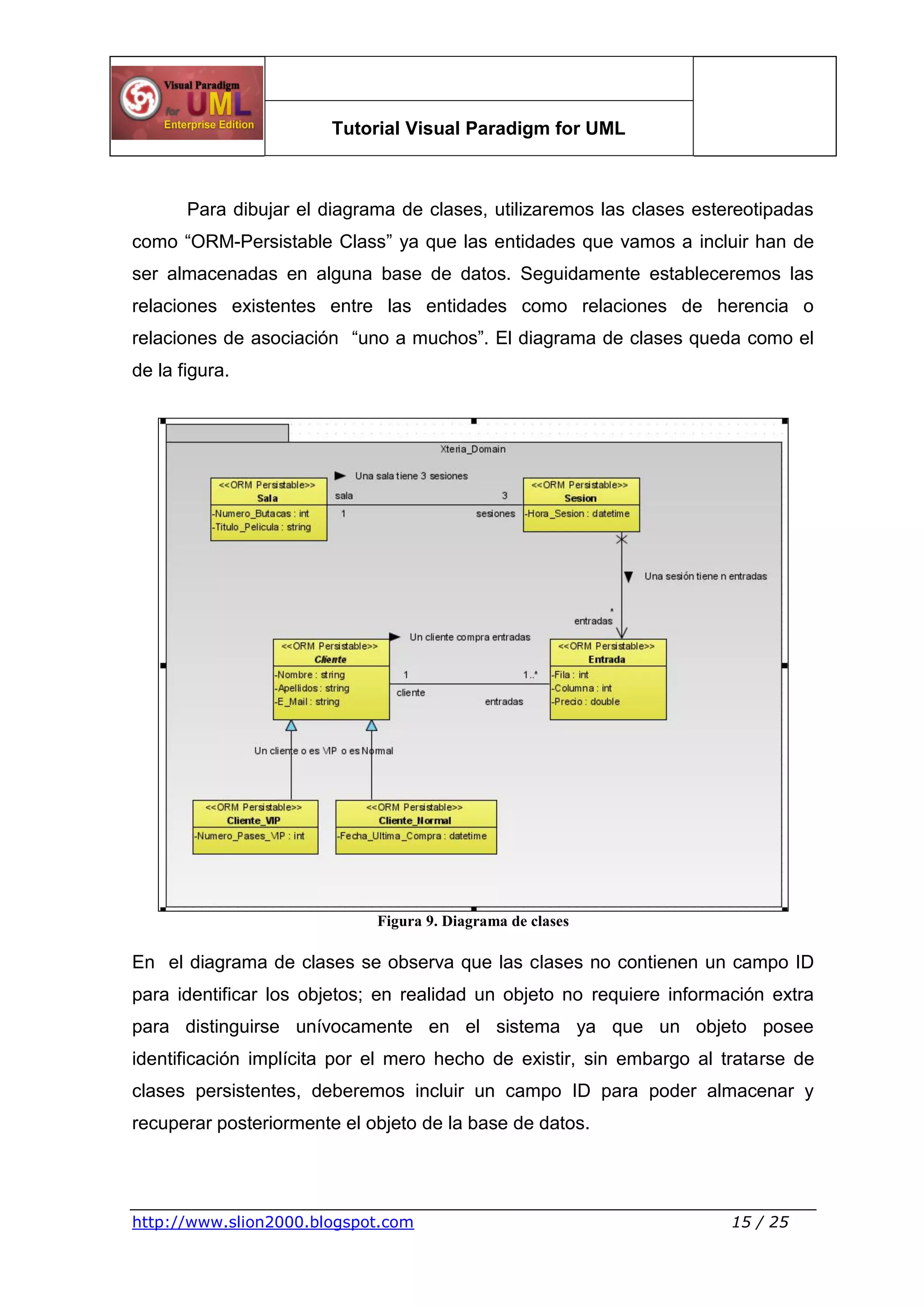 Tutorial Visual Paradigm for UML
http://www.slion2000.blogspot.com 15 / 25
Para dibujar el diagrama de clases, utilizaremos las clases estereotipadas
como “ORM-Persistable Class” ya que las entidades que vamos a incluir han de
ser almacenadas en alguna base de datos. Seguidamente estableceremos las
relaciones existentes entre las entidades como relaciones de herencia o
relaciones de asociación “uno a muchos”. El diagrama de clases queda como el
de la figura.
Figura 9. Diagrama de clases
En el diagrama de clases se observa que las clases no contienen un campo ID
para identificar los objetos; en realidad un objeto no requiere información extra
para distinguirse unívocamente en el sistema ya que un objeto posee
identificación implícita por el mero hecho de existir, sin embargo al tratarse de
clases persistentes, deberemos incluir un campo ID para poder almacenar y
recuperar posteriormente el objeto de la base de datos.
 