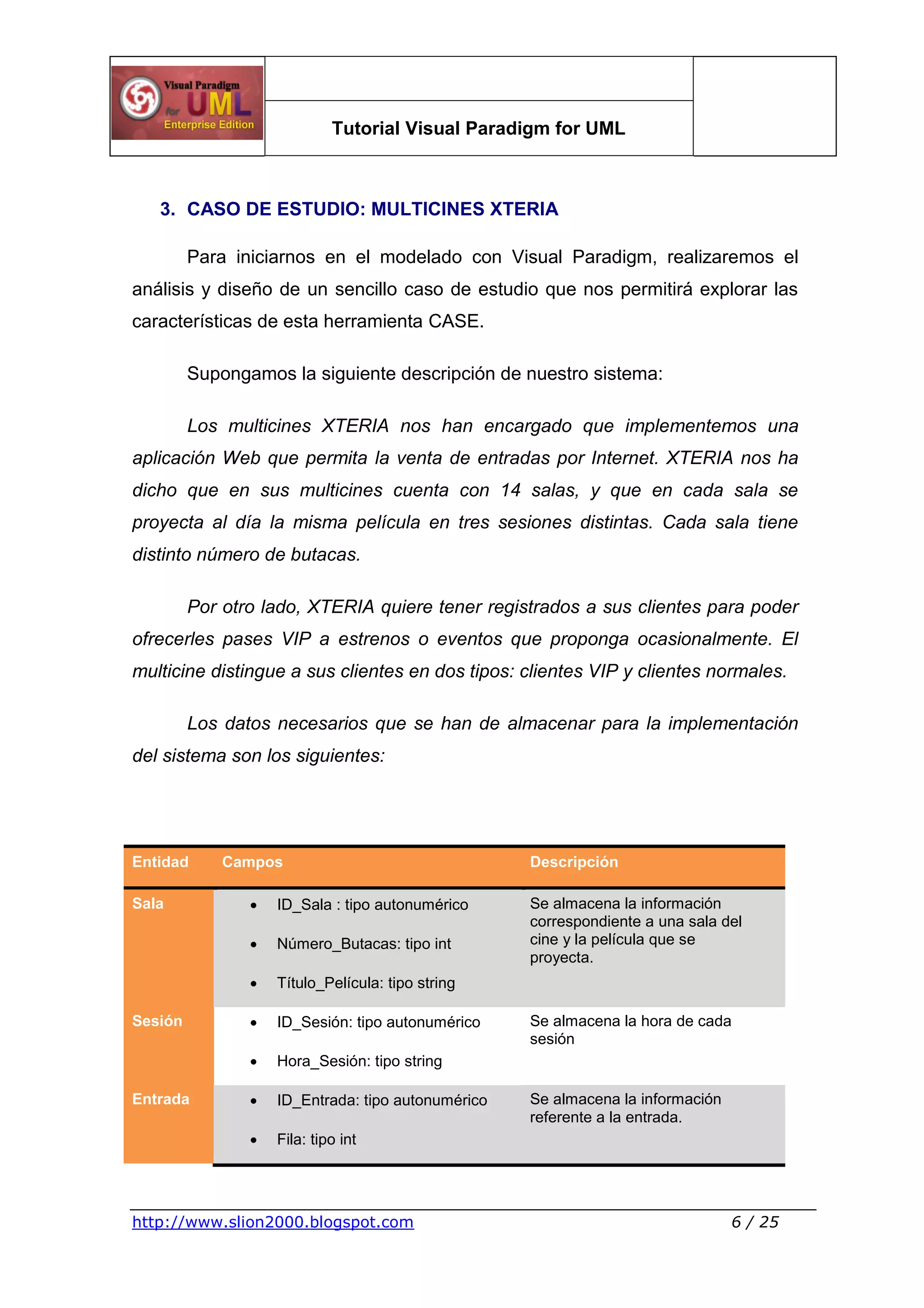 Tutorial Visual Paradigm for UML
http://www.slion2000.blogspot.com 6 / 25
3. CASO DE ESTUDIO: MULTICINES XTERIA
Para iniciarnos en el modelado con Visual Paradigm, realizaremos el
análisis y diseño de un sencillo caso de estudio que nos permitirá explorar las
características de esta herramienta CASE.
Supongamos la siguiente descripción de nuestro sistema:
Los multicines XTERIA nos han encargado que implementemos una
aplicación Web que permita la venta de entradas por Internet. XTERIA nos ha
dicho que en sus multicines cuenta con 14 salas, y que en cada sala se
proyecta al día la misma película en tres sesiones distintas. Cada sala tiene
distinto número de butacas.
Por otro lado, XTERIA quiere tener registrados a sus clientes para poder
ofrecerles pases VIP a estrenos o eventos que proponga ocasionalmente. El
multicine distingue a sus clientes en dos tipos: clientes VIP y clientes normales.
Los datos necesarios que se han de almacenar para la implementación
del sistema son los siguientes:
Entidad Campos Descripción
Sala  ID_Sala : tipo autonumérico
 Número_Butacas: tipo int
 Título_Película: tipo string
Se almacena la información
correspondiente a una sala del
cine y la película que se
proyecta.
Sesión  ID_Sesión: tipo autonumérico
 Hora_Sesión: tipo string
Se almacena la hora de cada
sesión
Entrada  ID_Entrada: tipo autonumérico
 Fila: tipo int
Se almacena la información
referente a la entrada.
 