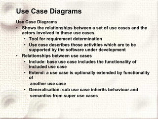 Use Case Diagrams Use Case Diagrams Shows the relationships between a set of use cases and the actors involved in these use cases. Tool for requirement determination Use case describes those activities which are to be supported by the software under development Relationships between use cases Include: base use case includes the functionality of included use case Extend: a use case is optionally extended by functionality of another use case Generalisation: sub use case inherits behaviour and semantics from super use cases 