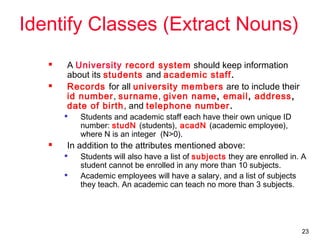 23
Identify Classes (Extract Nouns)
 A University record system should keep information
about its students and academic staff.
 Records for all university members are to include their
id number, surname, given name, email, address,
date of birth, and telephone number.

Students and academic staff each have their own unique ID
number: studN (students), acadN (academic employee),
where N is an integer (N>0).
 In addition to the attributes mentioned above:

Students will also have a list of subjects they are enrolled in. A
student cannot be enrolled in any more than 10 subjects.

Academic employees will have a salary, and a list of subjects
they teach. An academic can teach no more than 3 subjects.
 