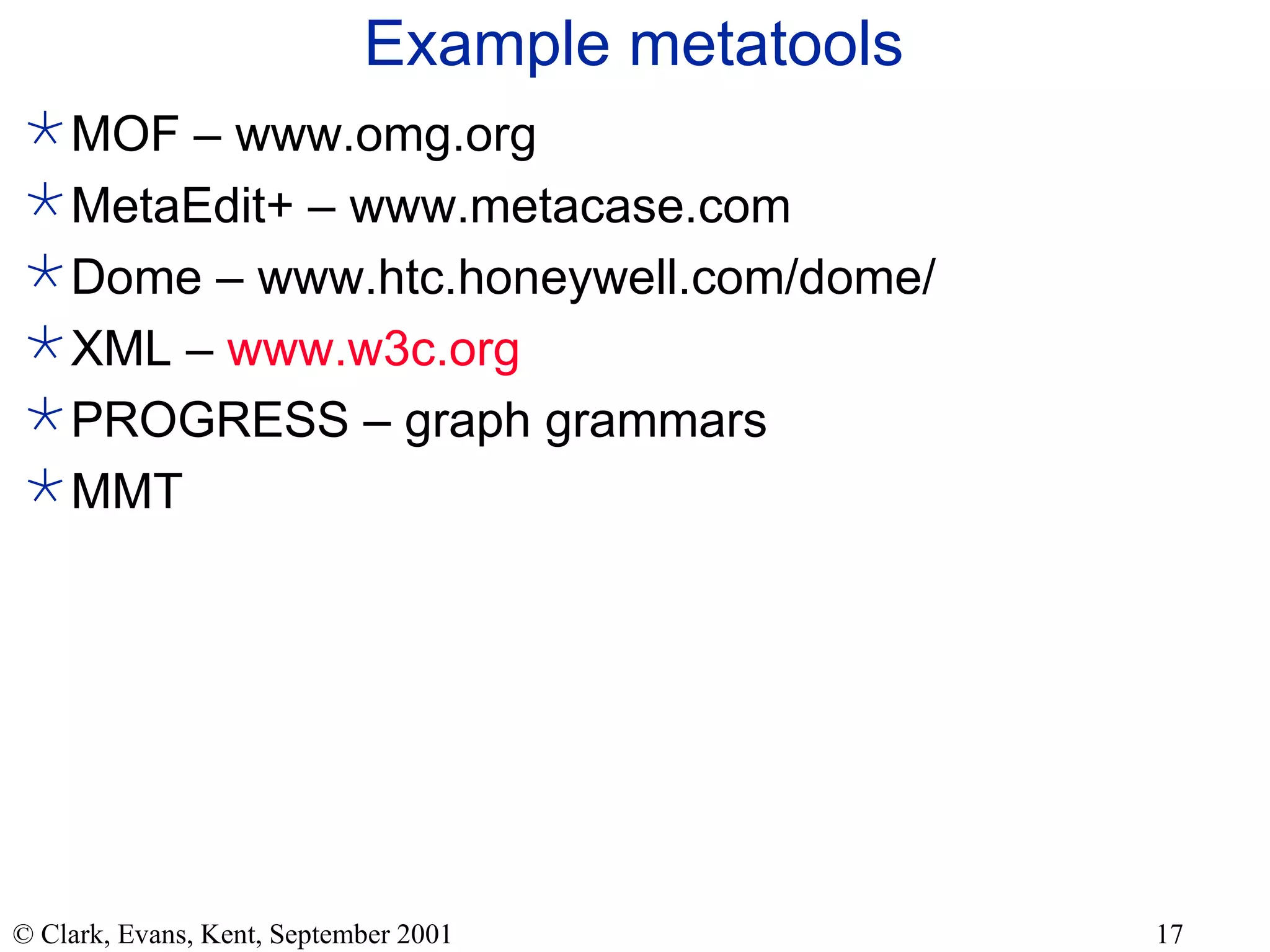 Example metatools MOF – www.omg.org MetaEdit+ – www.metacase.com  Dome – www.htc.honeywell.com/dome/ XML –  www.w3c.org PROGRESS – graph grammars MMT 