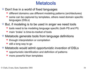 Metatools Don’t live in a world of fixed languages different domains use different modeling patterns (architectures) some can be captured by templates, others need domain specific languages (DSLs) But, if modeling is to be used in anger we need tools tools need to be modeling language specific (both PS and PI) main ‘brake’ is time-to-market of tools Metatools generate tools from language definitions through interpretation or compilation still a long way to go Metatools would admit  opportunistic invention  of DSLs opportunistic identification and definition of patterns more powerful than templates 
