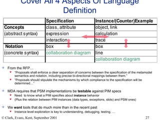 Cover All 4 Aspects Of Language Definition From the RFP… “ Proposals shall enforce a clear separation of concerns between the specification of the metamodel semantics and notation, including precise bi-directional mappings between them.” “ Proposals should stipulate the mechanisms by which compliance to the specification will be determined…” MDA requires that PSM implementations be  testable  against PIM specs Need  to know what a PIM specifies about  instance  behavior (Plus the relation between PIM instances (data types, exceptions, slots) and PSM ones) We  want  tools that do much more than in the recent past Instance level exploration is key to understanding, debugging, testing, …  