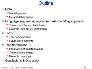 Outline MDA Modeling space Metamodeling space Language engineering – precise meta-modeling approach Three principles and techniques Excerpts from the 2U submission Tools Tool demonstration Future developments Transformations Importance of transformations The  relation  template Example mappings Conclusions & Discussion 