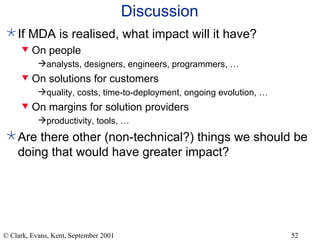 Discussion If MDA is realised, what impact will it have? On people analysts, designers, engineers, programmers, …  On solutions for customers quality, costs, time-to-deployment, ongoing evolution, … On margins for solution providers productivity, tools, … Are there other (non-technical?) things we should be doing that would have greater impact? 