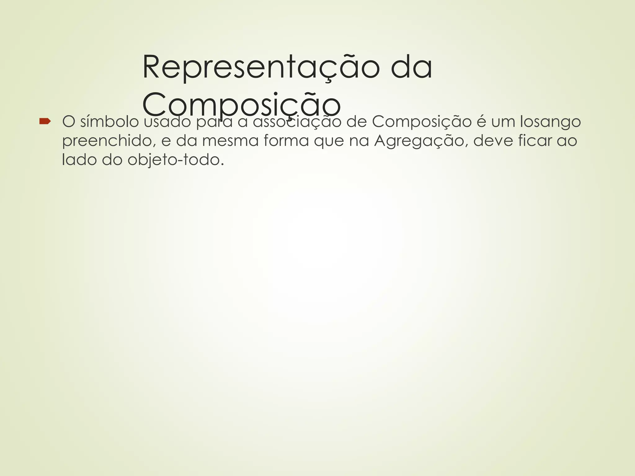 Representação da
Composição
 O símbolo usado para a associação de Composição é um losango
preenchido, e da mesma forma que na Agregação, deve ficar ao
lado do objeto-todo.
 