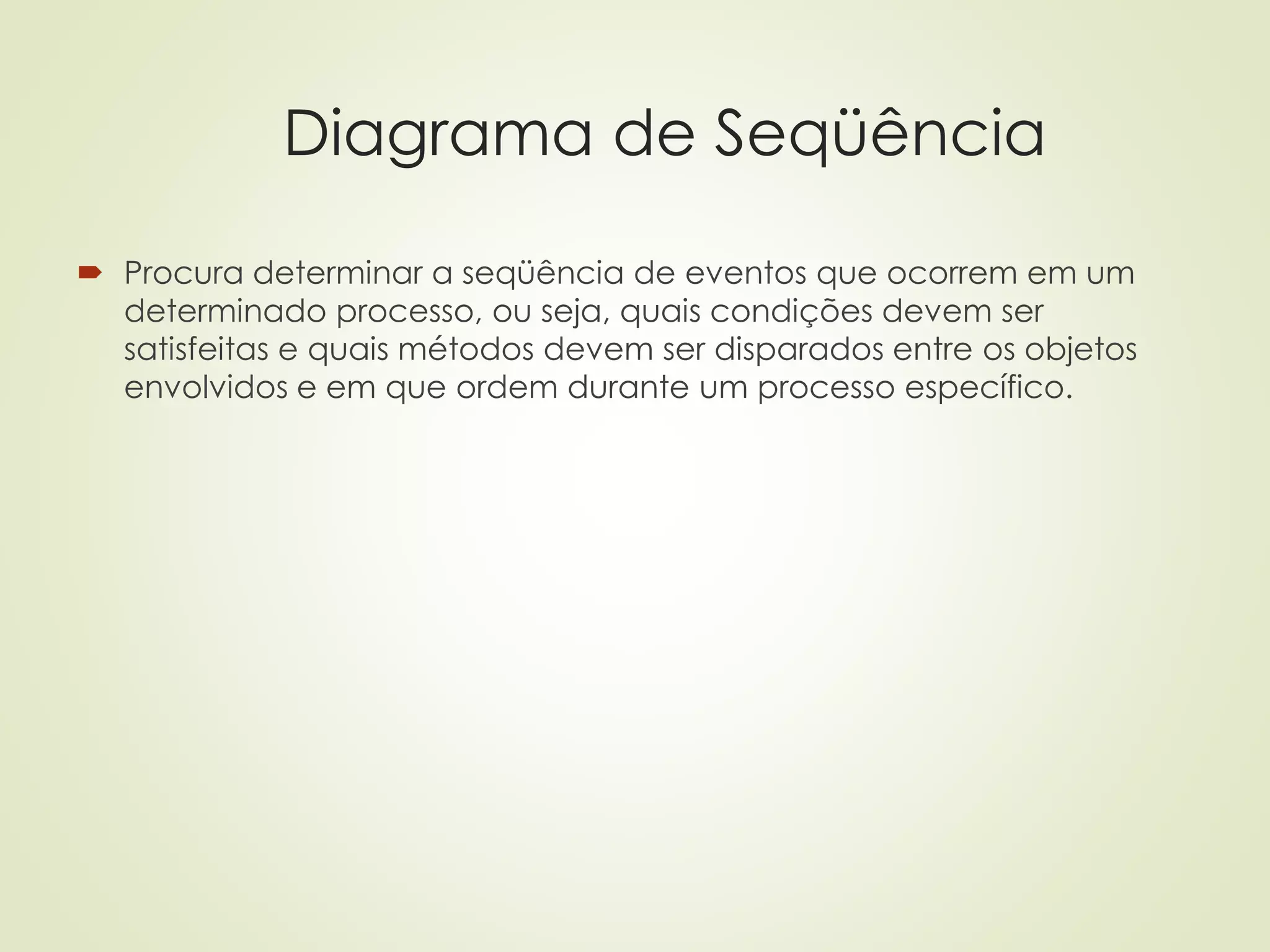 Diagrama de Seqüência
 Procura determinar a seqüência de eventos que ocorrem em um
determinado processo, ou seja, quais condições devem ser
satisfeitas e quais métodos devem ser disparados entre os objetos
envolvidos e em que ordem durante um processo específico.
 