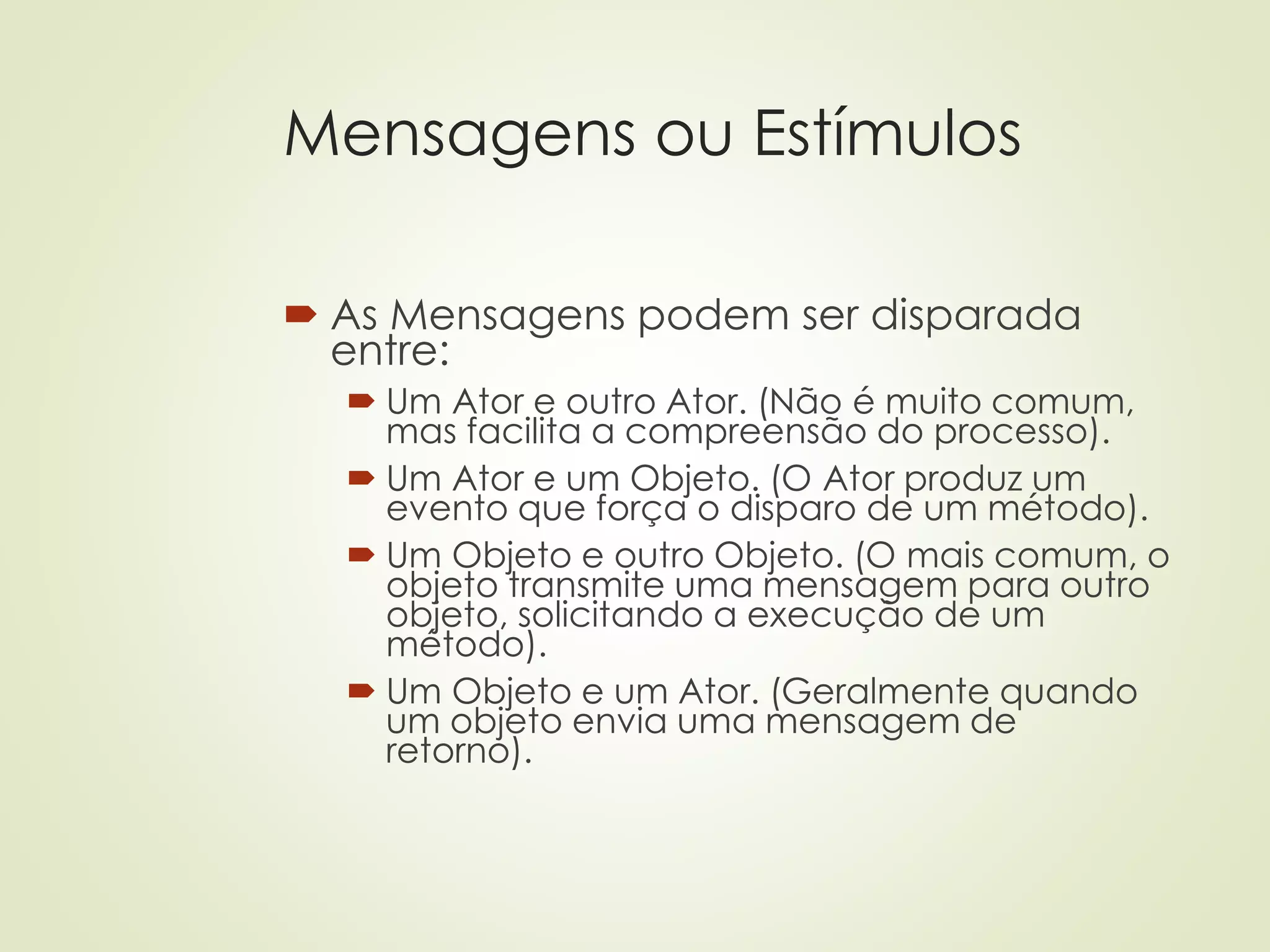 Mensagens ou Estímulos
 As Mensagens podem ser disparada
entre:
 Um Ator e outro Ator. (Não é muito comum,
mas facilita a compreensão do processo).
 Um Ator e um Objeto. (O Ator produz um
evento que força o disparo de um método).
 Um Objeto e outro Objeto. (O mais comum, o
objeto transmite uma mensagem para outro
objeto, solicitando a execução de um
método).
 Um Objeto e um Ator. (Geralmente quando
um objeto envia uma mensagem de
retorno).
 
