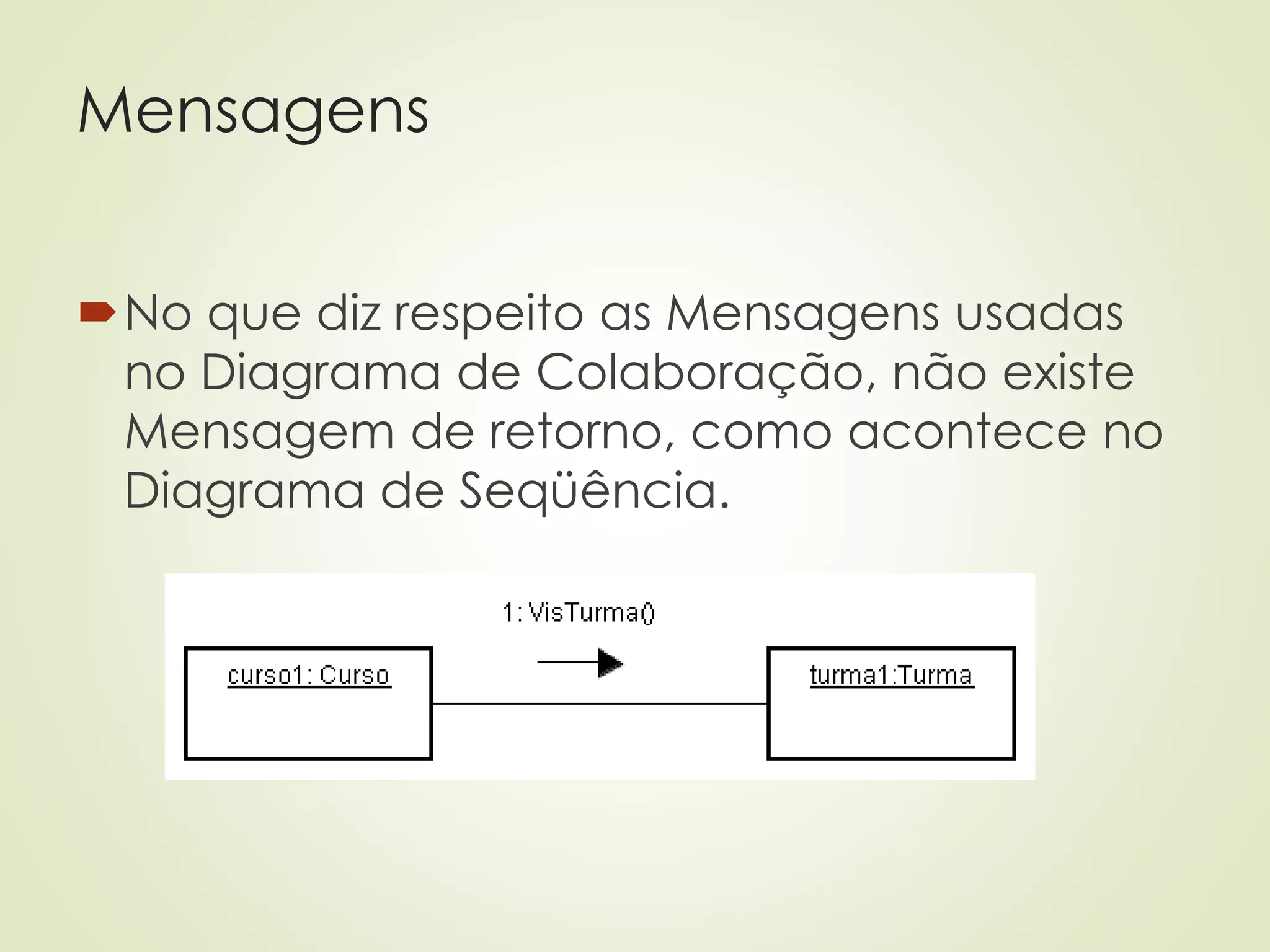 Mensagens
No que diz respeito as Mensagens usadas
no Diagrama de Colaboração, não existe
Mensagem de retorno, como acontece no
Diagrama de Seqüência.
 