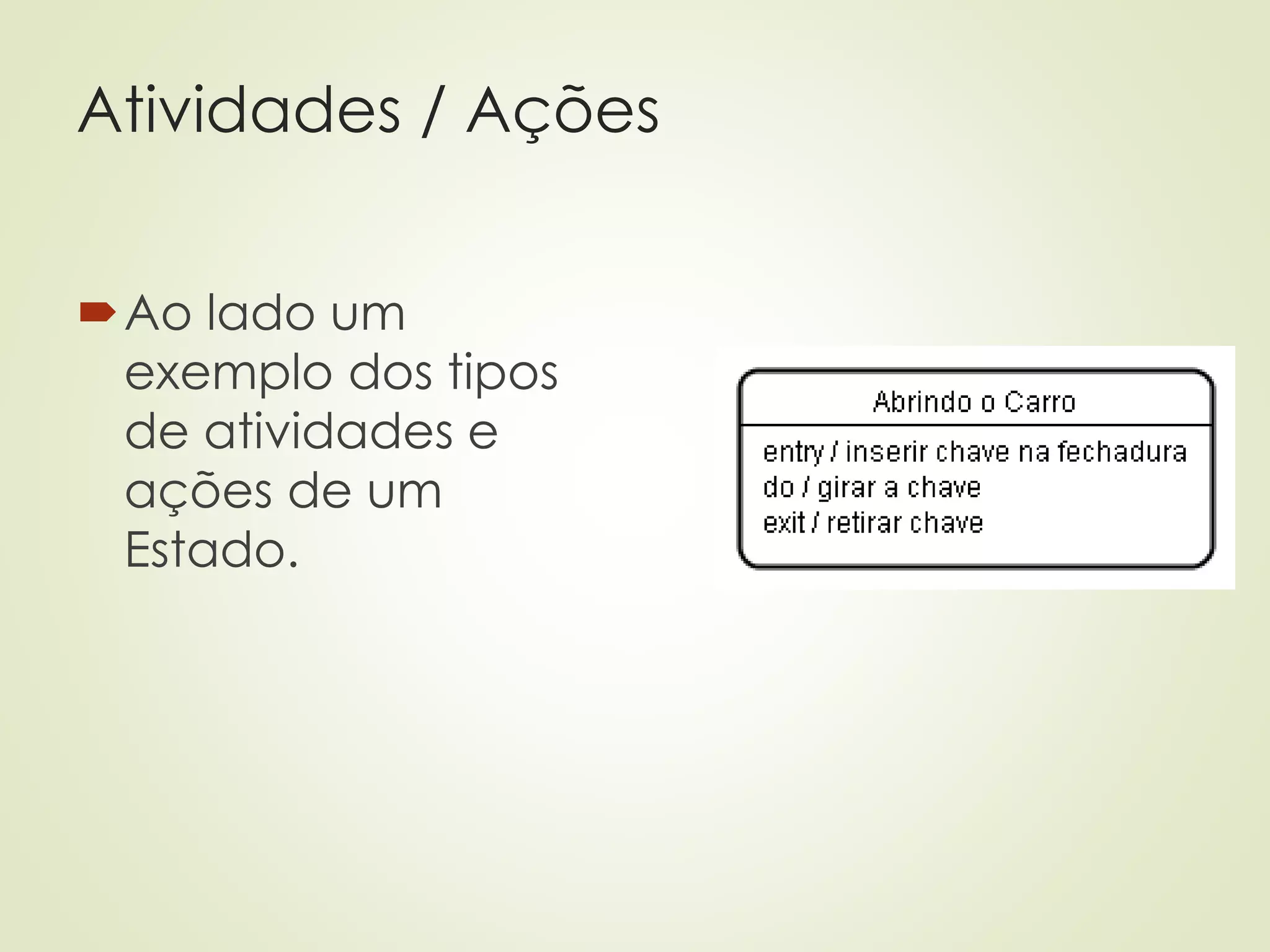 Atividades / Ações
Ao lado um
exemplo dos tipos
de atividades e
ações de um
Estado.
 