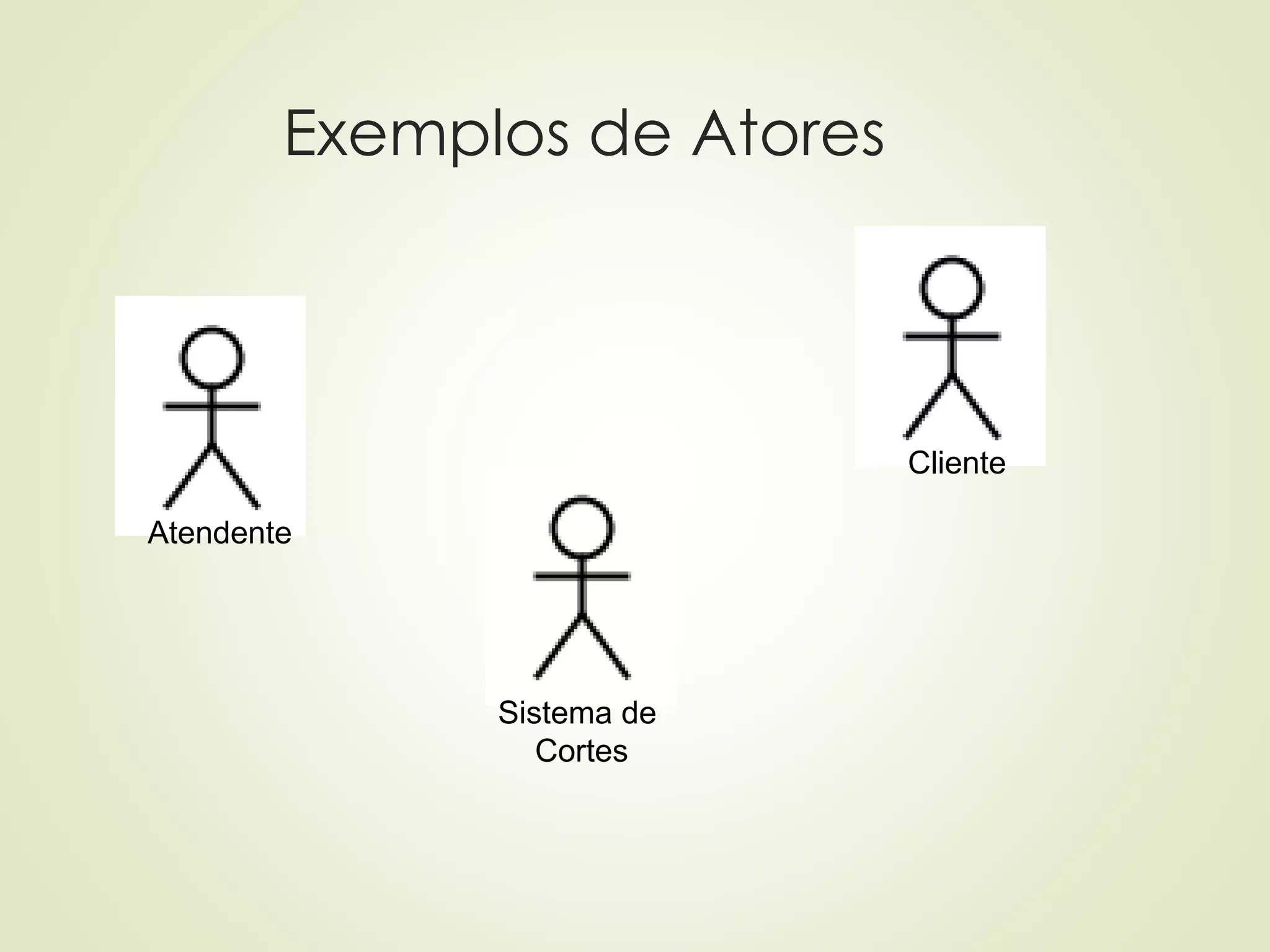 Exemplos de Atores
Atendente
Cliente
Sistema de
Cortes
 