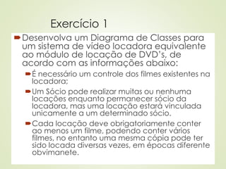 Exercício 1
Desenvolva um Diagrama de Classes para
um sistema de vídeo locadora equivalente
ao módulo de locação de DVD’s, de
acordo com as informações abaixo:
É necessário um controle dos filmes existentes na
locadora;
Um Sócio pode realizar muitas ou nenhuma
locações enquanto permanecer sócio da
locadora, mas uma locação estará vinculada
unicamente a um determinado sócio.
Cada locação deve obrigatoriamente conter
ao menos um filme, podendo conter vários
filmes, no entanto uma mesma cópia pode ter
sido locada diversas vezes, em épocas diferente
obvimanete.
 