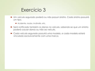 Exercício 3
 Um veículo segurado poderá ou não possuir sinistro. Cada sinistro possuirá
um tipo.
 Acidente, roubo, incêndio, etc.
 Será notificado também os danos no veículo, sabendo-se que um sinistro
poderá causar danos ou não ao veículo.
 Cada veículo segurado possuirá uma modelo, e cada modelo estará
vinculado exclusivamente com uma marca.
 