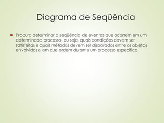Diagrama de Seqüência
 Procura determinar a seqüência de eventos que ocorrem em um
determinado processo, ou seja, quais condições devem ser
satisfeitas e quais métodos devem ser disparados entre os objetos
envolvidos e em que ordem durante um processo específico.
 
