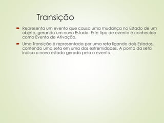 Transição
 Representa um evento que causa uma mudança no Estado de um
objeto, gerando um novo Estado. Este tipo de evento é conhecido
como Evento de Ativação.
 Uma Transição é representada por uma reta ligando dois Estados,
contendo uma seta em uma das extremidades. A ponta da seta
indica o novo estado gerado pelo o evento.
 