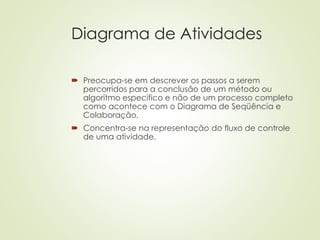 Diagrama de Atividades
 Preocupa-se em descrever os passos a serem
percorridos para a conclusão de um método ou
algoritmo especifico e não de um processo completo
como acontece com o Diagrama de Seqüência e
Colaboração.
 Concentra-se na representação do fluxo de controle
de uma atividade.
 