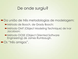De onde surgiu?
Da união de três metodologias de modelagem:
Método de Booch, de Grady Booch;
Método OMT (Object Modeling Technique) de Ivar
Jacobson;
Método OOSE (Object Oriented Software
Engineering) de James Rumbaugh.
Os “três amigos”.
 