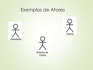 Exemplos de Atores
Atendente
Cliente
Sistema de
Cortes
 